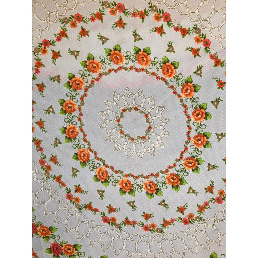 Vintage Mid Century Round Tablecloth Scalloped Edge Orange Red Roses, MCM Fall